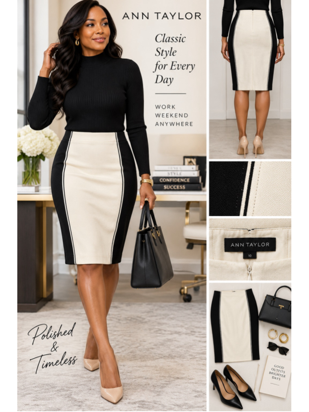 NWT Ann Taylor Size 10 Black Ivory Colorblock Pencil Skirt Stretch Career